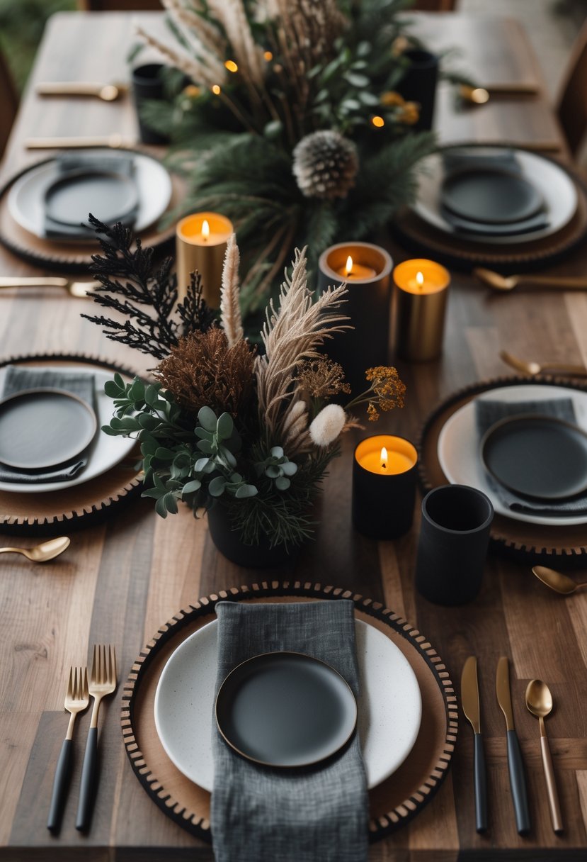 A full table set with leather coasters, candles, flowers, and dinnerware arranged for a holiday or event.