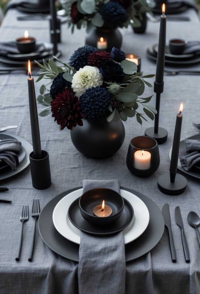Elegant dining table set with dark plates, gray linens, black cutlery, lit candles, and flower arrangements in dark vases.
