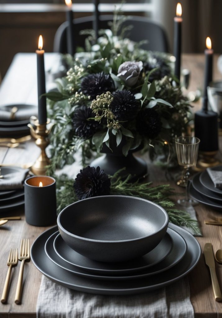 A dining table set with black dinnerware, gold cutlery, black candles, and a centerpiece of dark flowers and greenery, creating a moody, elegant atmosphere.
