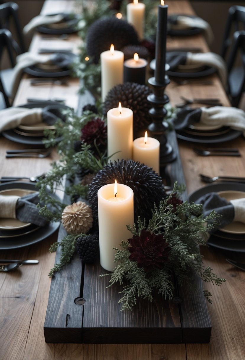 A full view of a dining table set with dark wood candle trays holding candles and floral centerpieces, surrounded by rustic dishware and linens.