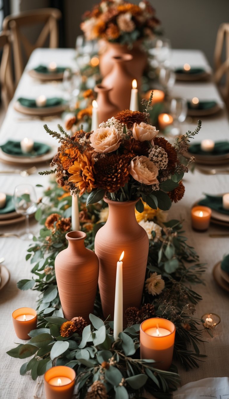 A full view of a decorated table with rust-colored terracotta vases, candles, and floral arrangements under natural light.