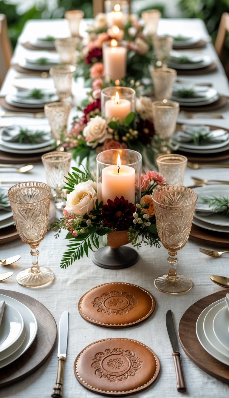A beautifully arranged dining table set for an event with leather drink coasters, floral centerpieces, and candles under natural light.