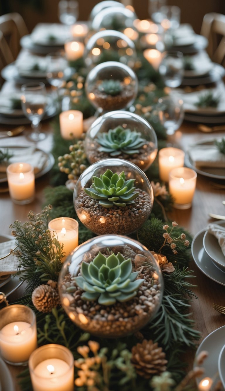 A full view of a table set for an event with mini succulent terrariums as centerpieces, surrounded by candles and floral arrangements, all lit by natural light.