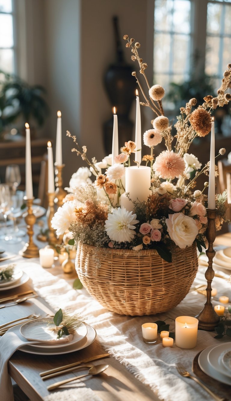 A full view of a decorated table with a hand-woven basket centerpiece, candles, flowers, and tableware arranged for an event or holiday.