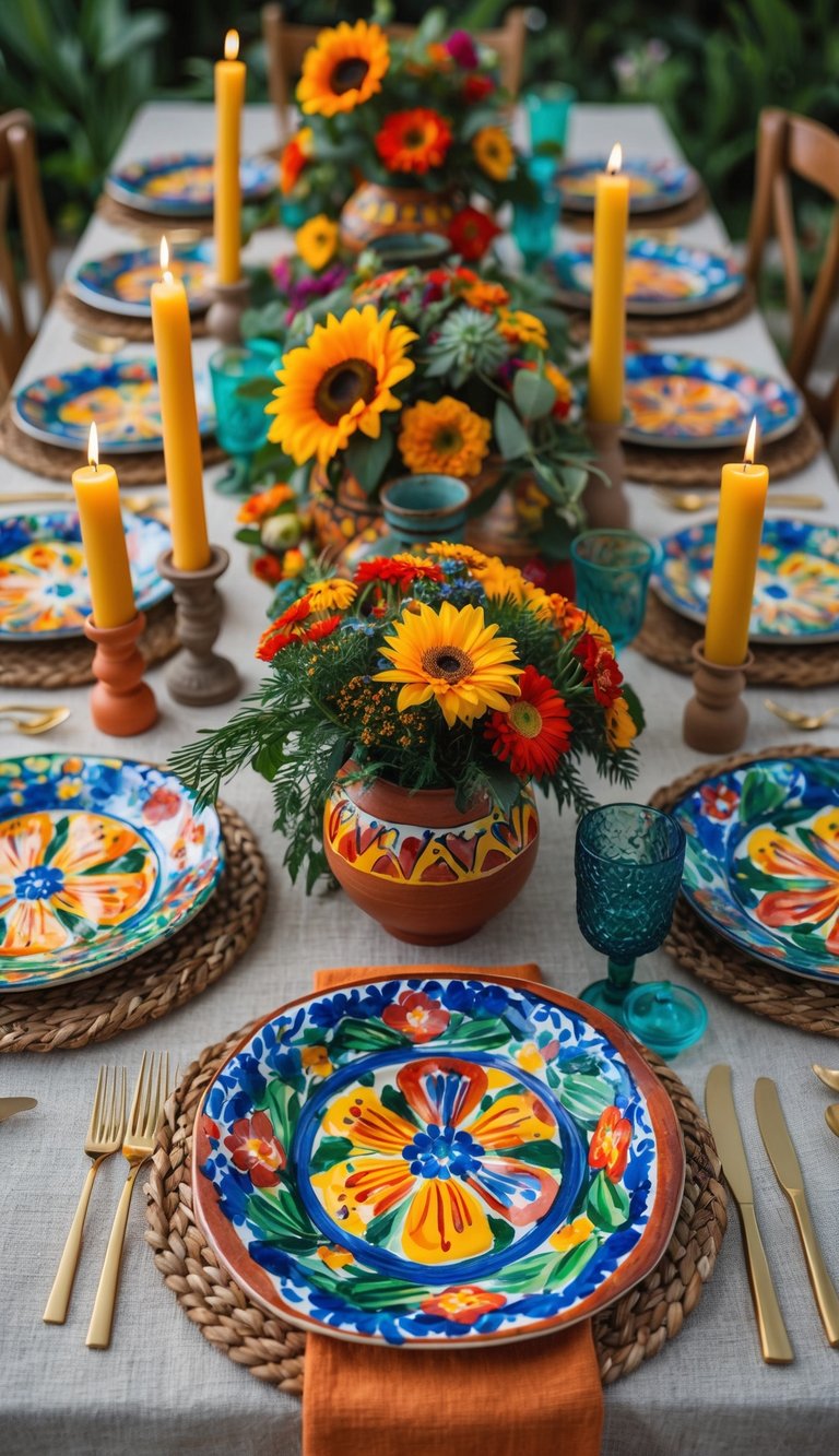 A dining table set with colorful hand-painted Talavera pottery plates, floral centerpieces, candles, and natural light illuminating the arrangement.
