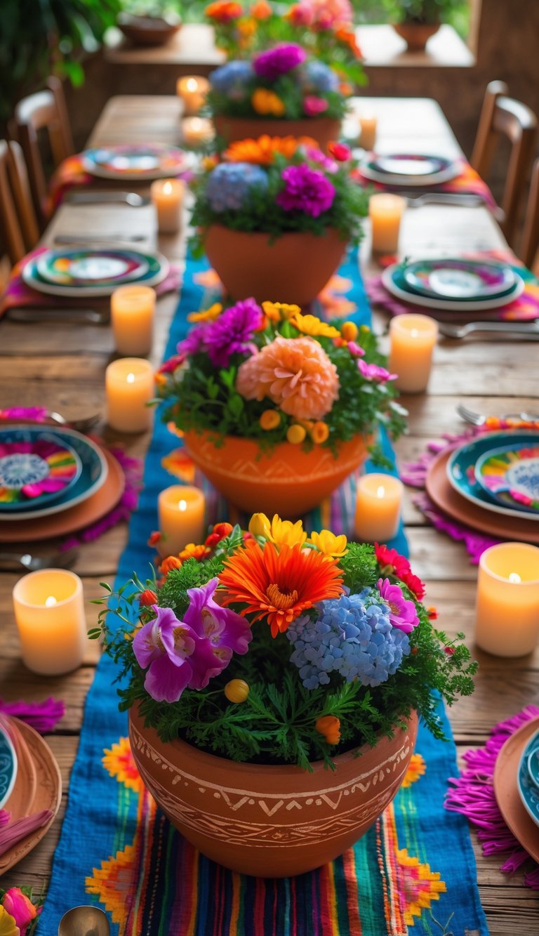 A beautifully set table featuring traditional Mexican clay flower pots filled with colorful flowers, surrounded by candles and festive tableware.