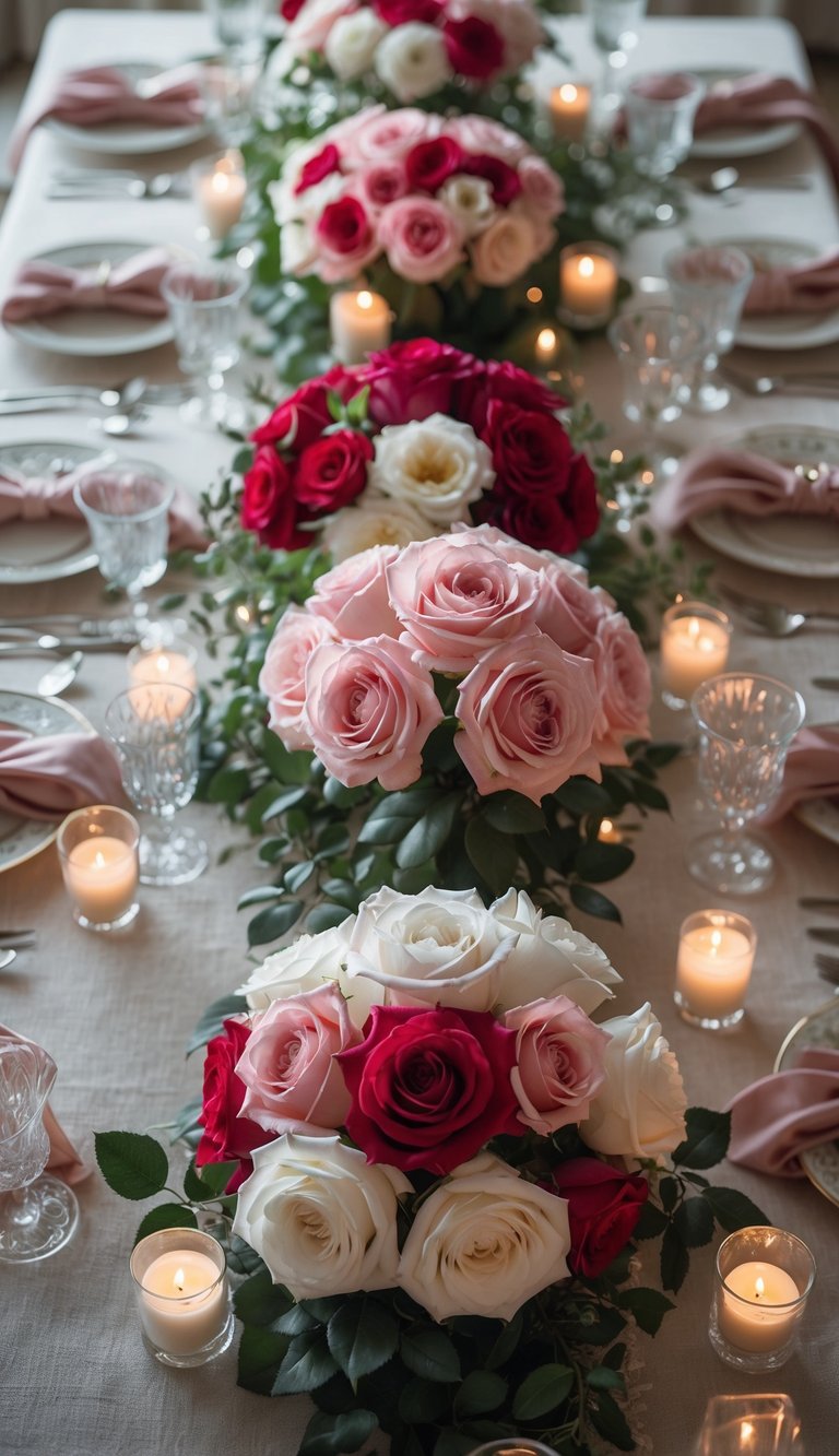 A full view of a beautifully set table with rose centerpieces, candles, and elegant tableware arranged for a festive event.