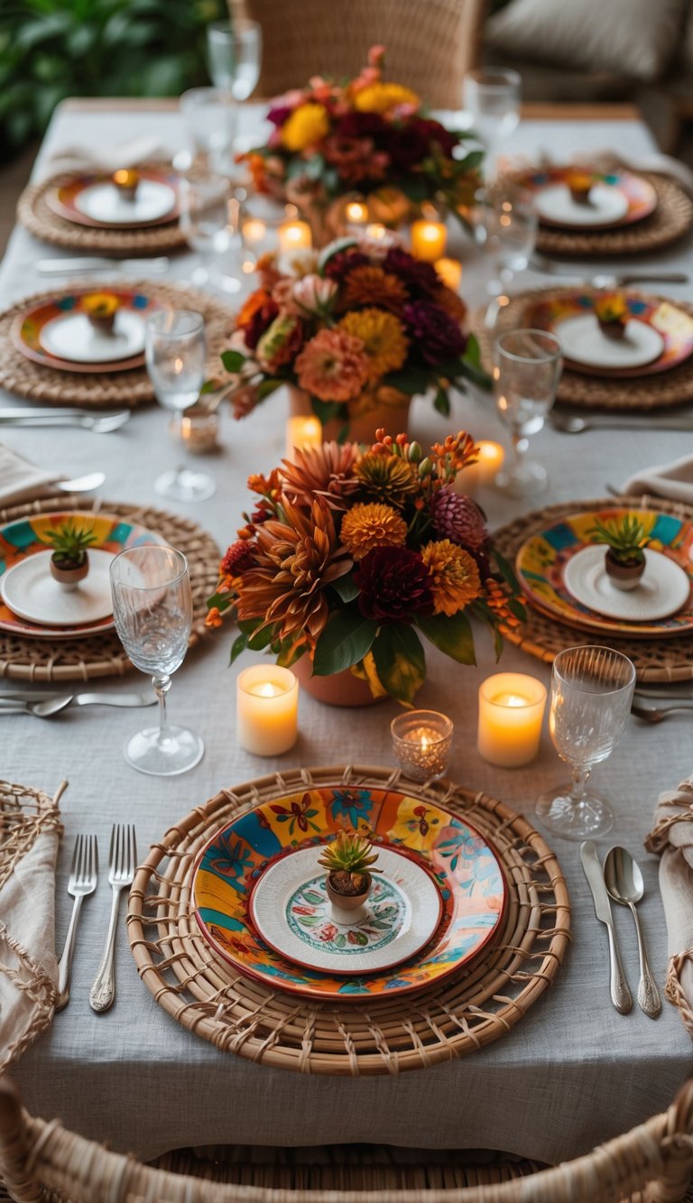A beautifully set dining table with handwoven rattan chargers, colorful plates, floral centerpieces, and candles, ready for a festive meal.