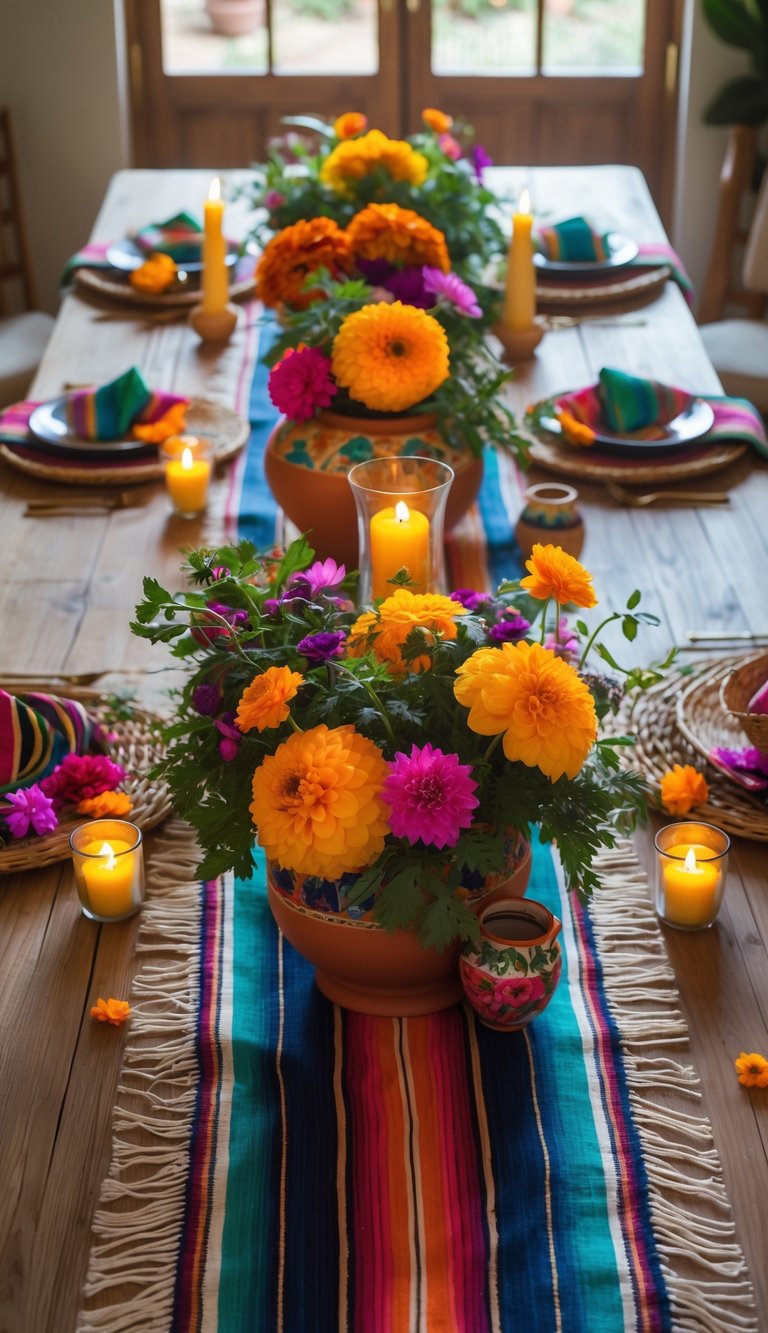 A festive table set with a colorful striped tablecloth, floral centerpieces, candles, and traditional Mexican pottery, all arranged on a wooden table.