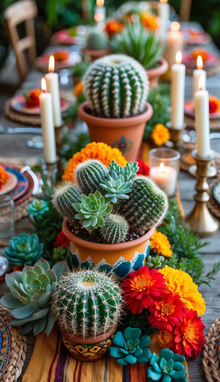 A beautifully arranged table with clustered cactus succulent centerpieces, candles, colorful flowers, and traditional Mexican textiles under natural light.