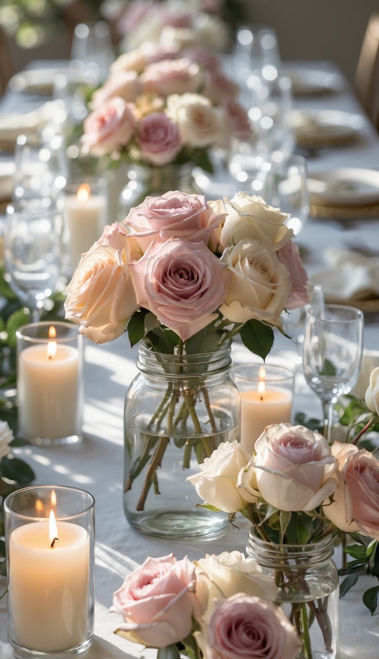 A table set with clear glass jars filled with mixed rose varieties and surrounded by lit candles.