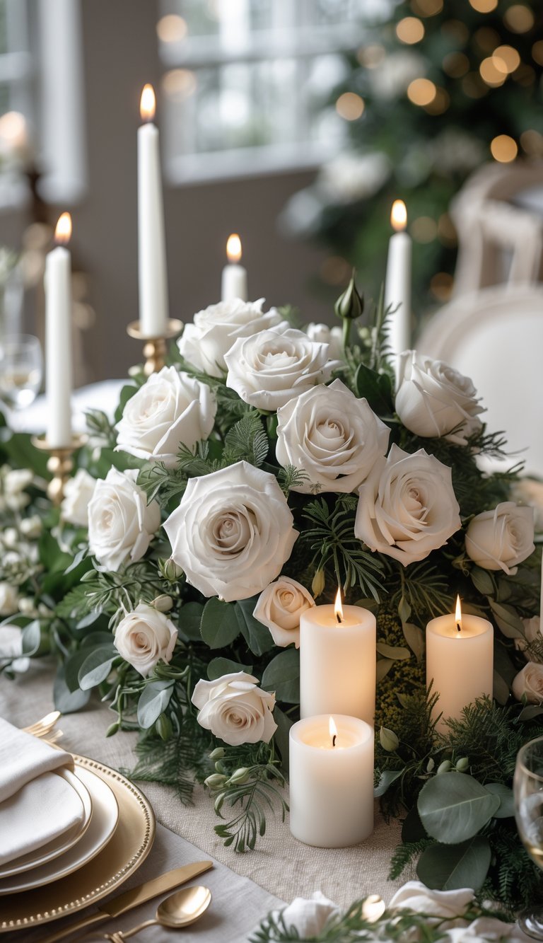 A full table set with a monochrome rose centerpiece surrounded by greenery, candles, and florals, arranged for an event.