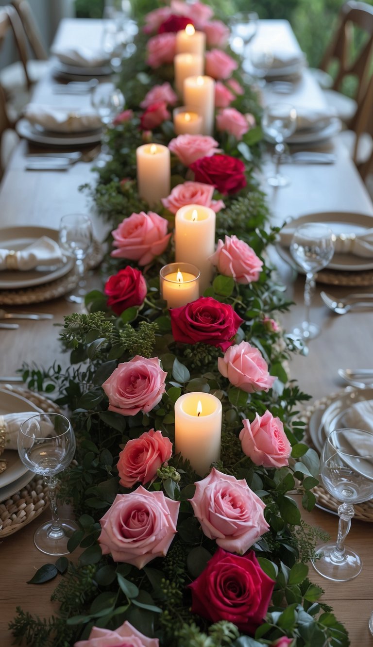 A long dining table decorated with a dense rose garland runner, candles, and floral centerpieces, set for a special event.