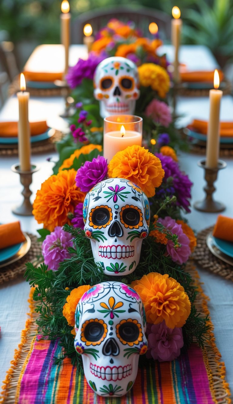A fully set table decorated with colorful Mexican sugar skull figurines, marigold flowers, candles, and traditional textiles arranged for a festive celebration.