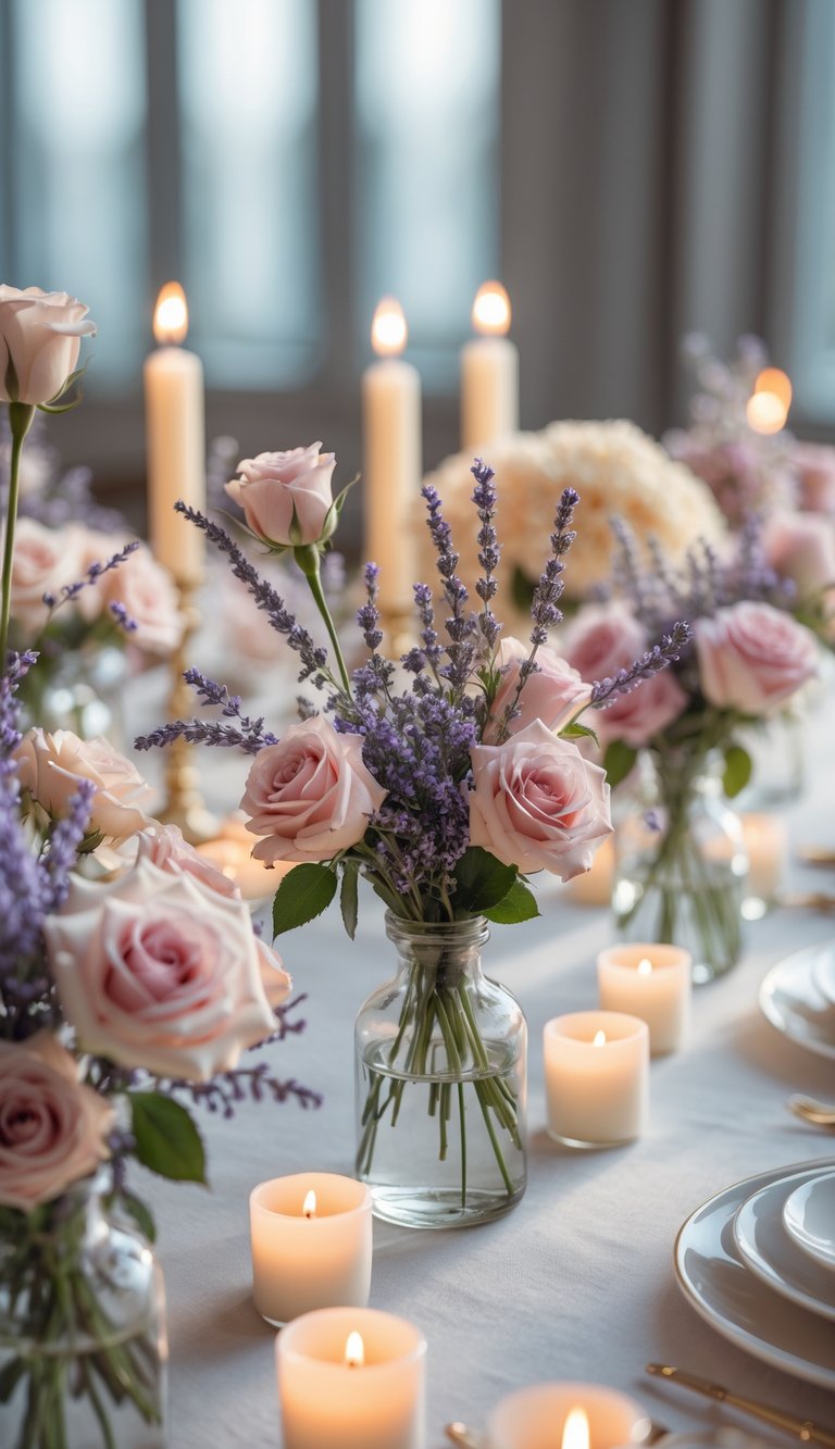 A table set with small vases holding rose and lavender sprigs, surrounded by lit candles.