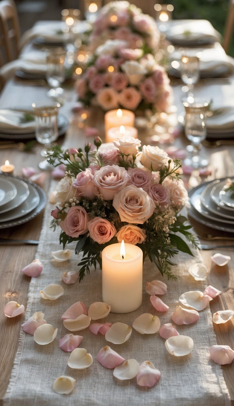 A full table setup with a linen runner scattered with rose petals, floral centerpieces, and lit candles.