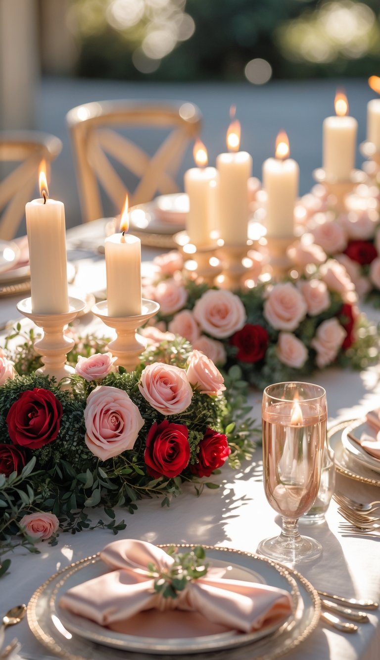A table set for a holiday event with candles surrounded by small rose wreaths and floral arrangements, bathed in natural light.