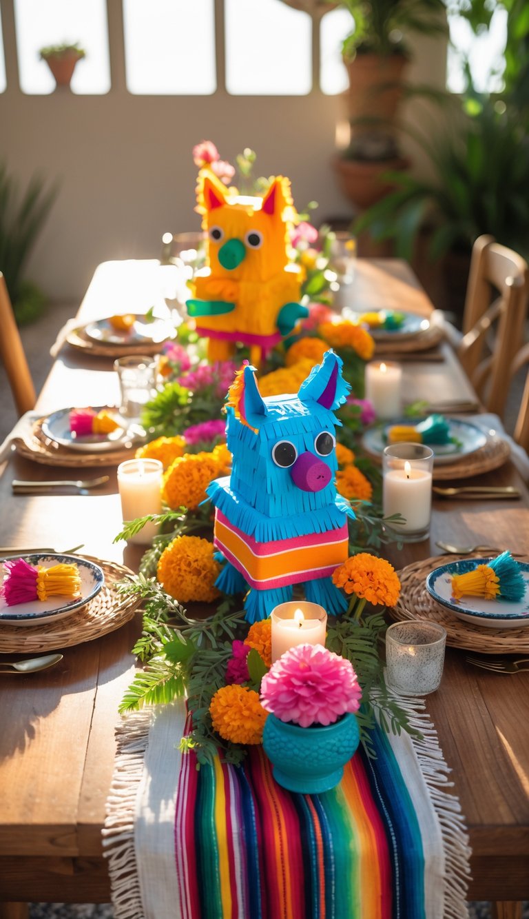 A festive Mexican-themed table decorated with colorful mini piñatas, candles, flowers, and traditional pottery under natural sunlight.