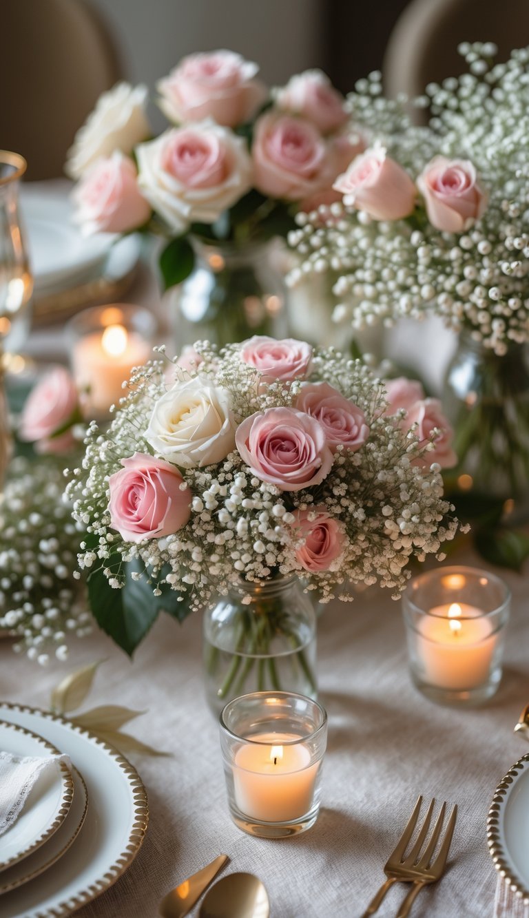 A full view of a table set with miniature bouquets of roses and baby’s breath, surrounded by candles and elegant tableware.