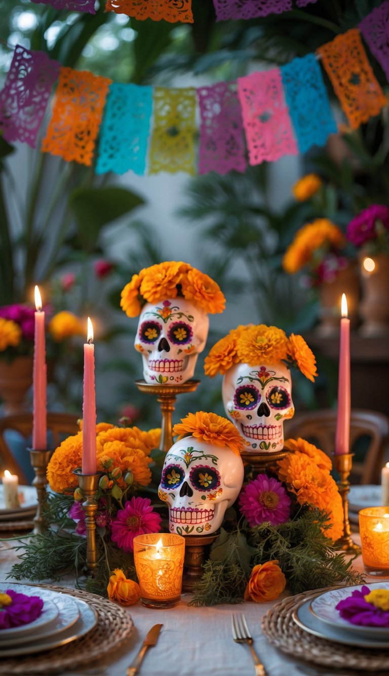 A table set for a Day of the Dead celebration with sugar skull candles, marigold flowers, and lit candles arranged among elegant dishware and woven placemats.