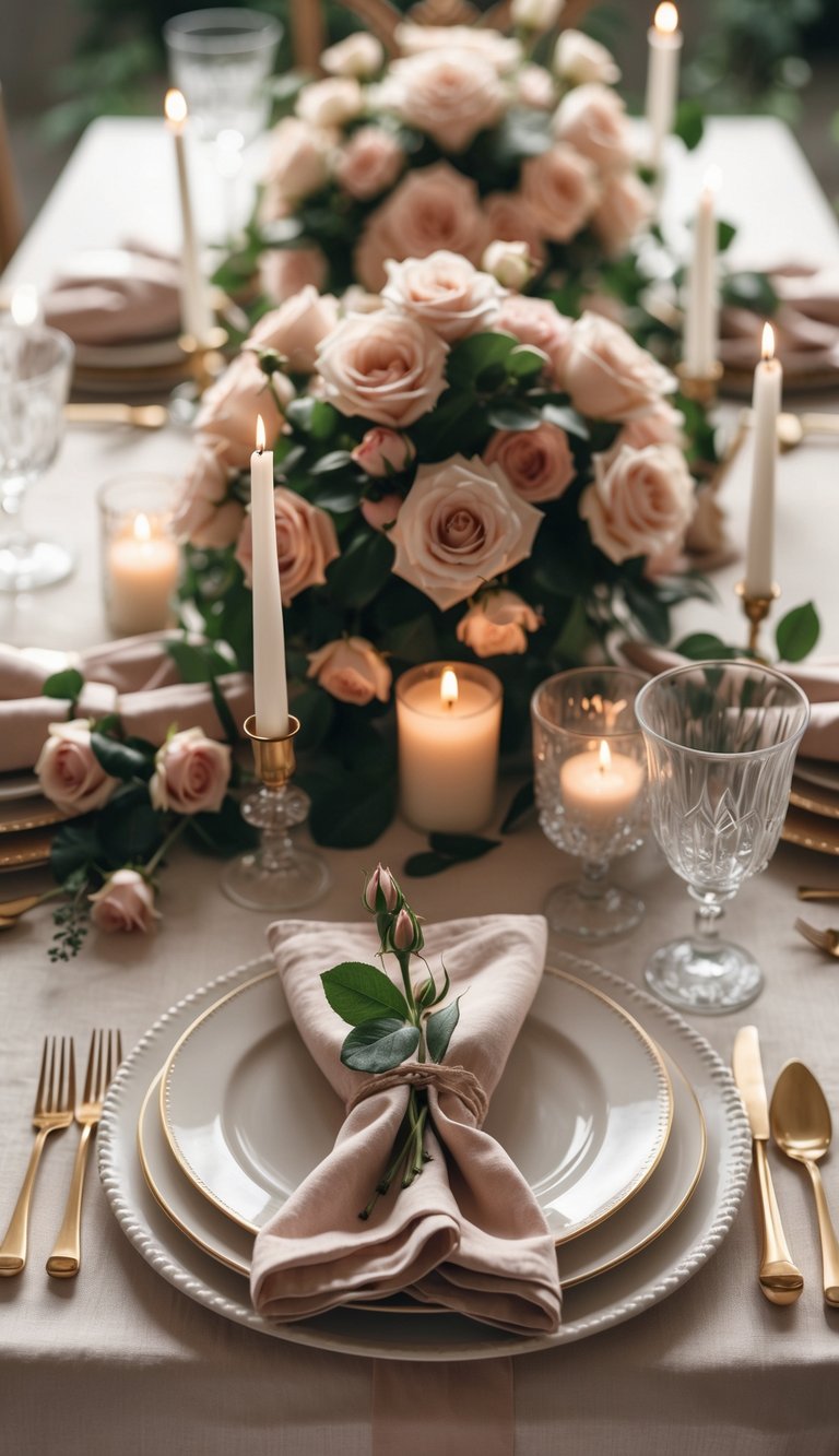 A full view of a decorated table with folded napkins holding rose sprigs, floral centerpieces, and candles arranged for a festive event.