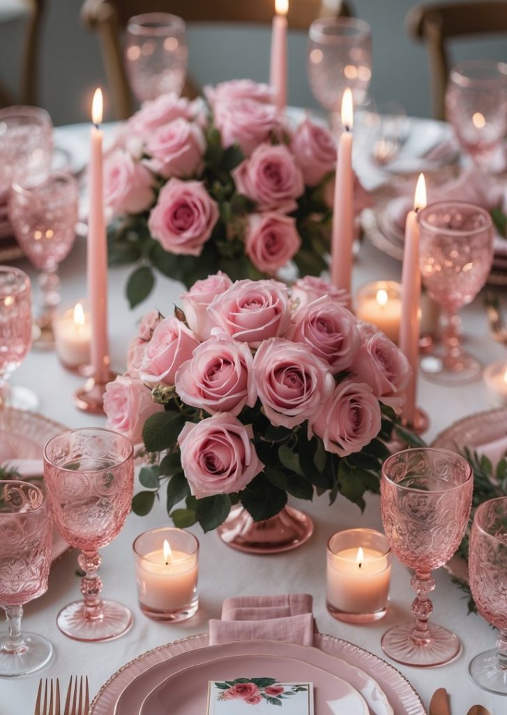 A round table set with pink plates, glasses, and napkins, decorated with pink rose centerpieces, candles, and a printed menu on each plate.