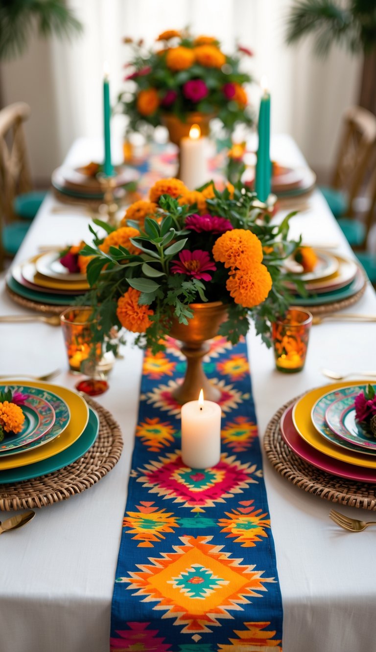 A full view of a festive table set with a bold geometric patterned runner, candles, floral centerpieces, and colorful plates under natural light.