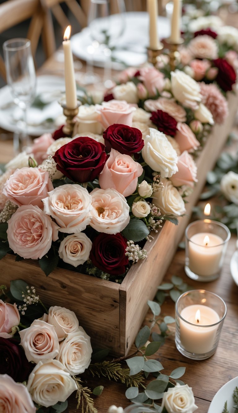 A wooden table set with a rustic wooden box filled with assorted roses surrounded by candles and greenery.
