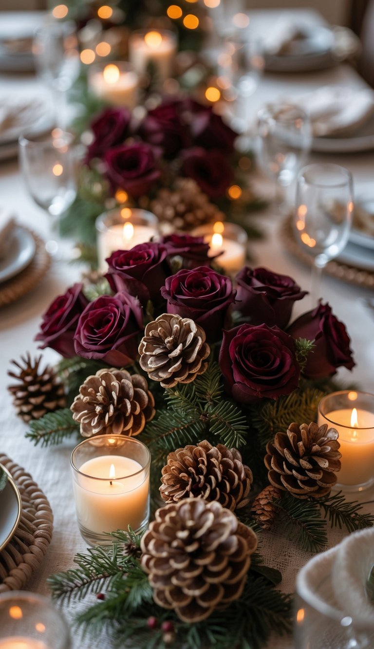 A dining table set with deep burgundy roses and pinecones as the centerpiece, surrounded by candles and elegant tableware.