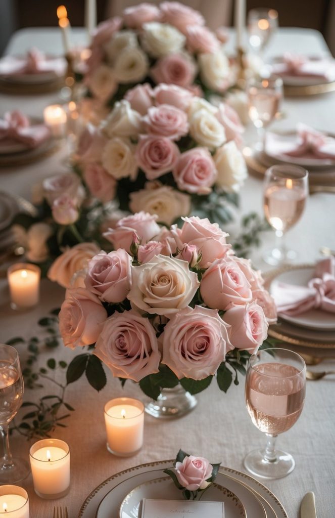 Elegant table setting with pink and white rose centerpieces, lit candles, glassware, and neatly arranged plates with folded napkins on a white tablecloth.