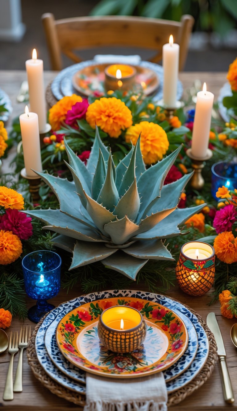 A festive table set with a faux agave plant centerpiece, candles, colorful flowers, ceramic plates, and glassware under natural light.