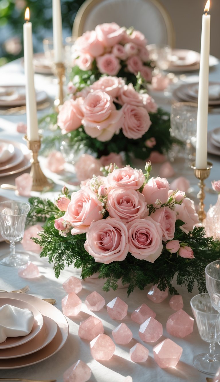 A beautifully arranged table with pink roses, rose quartz crystals scattered across the surface, candles, and elegant tableware under natural light.