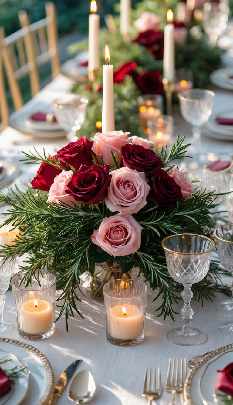 A beautifully arranged event table with roses, rosemary sprigs, lit candles, and elegant place settings under natural light.