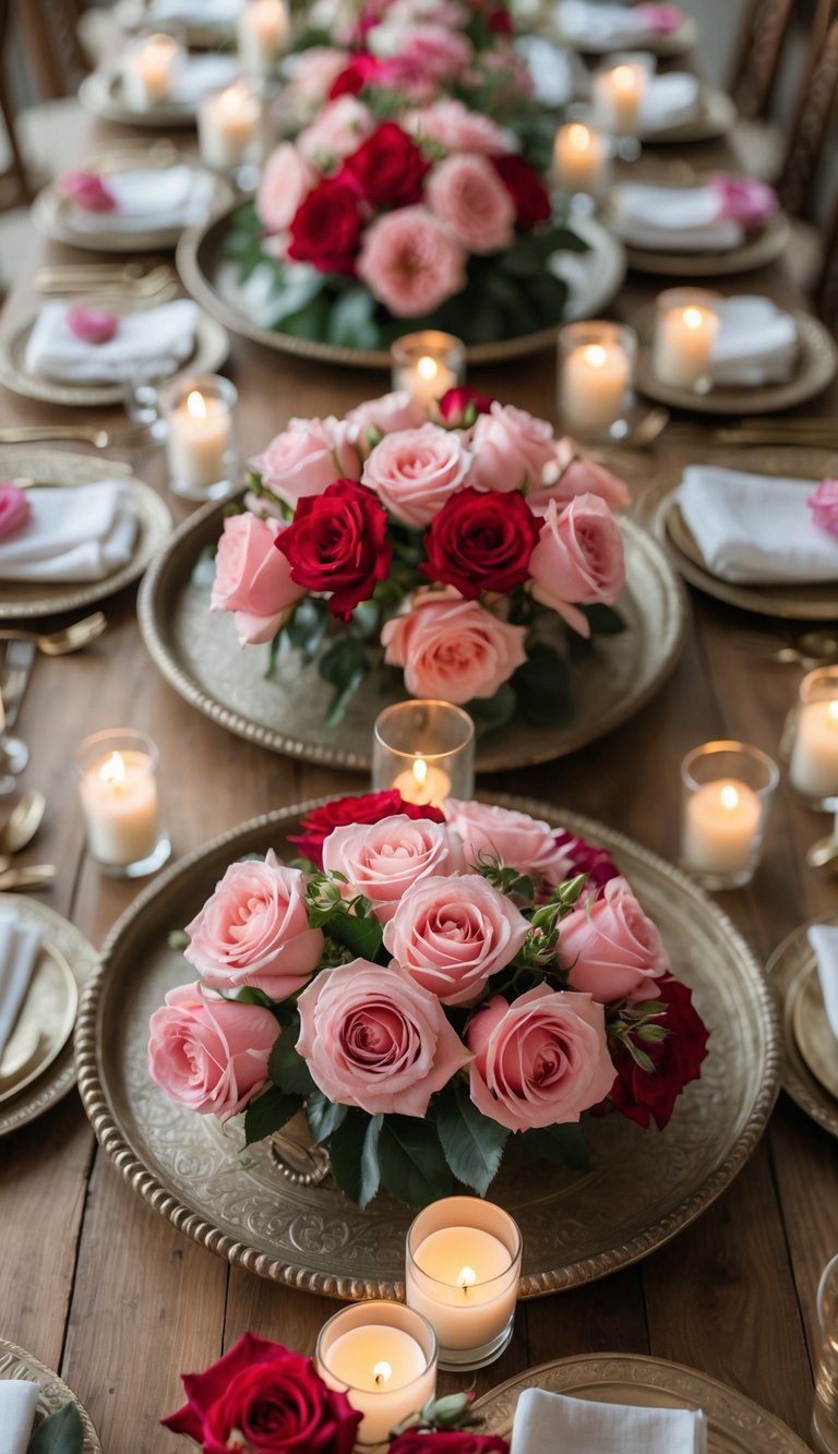 A table arranged with vintage trays holding rose and candle combinations as centerpieces, set in natural light.