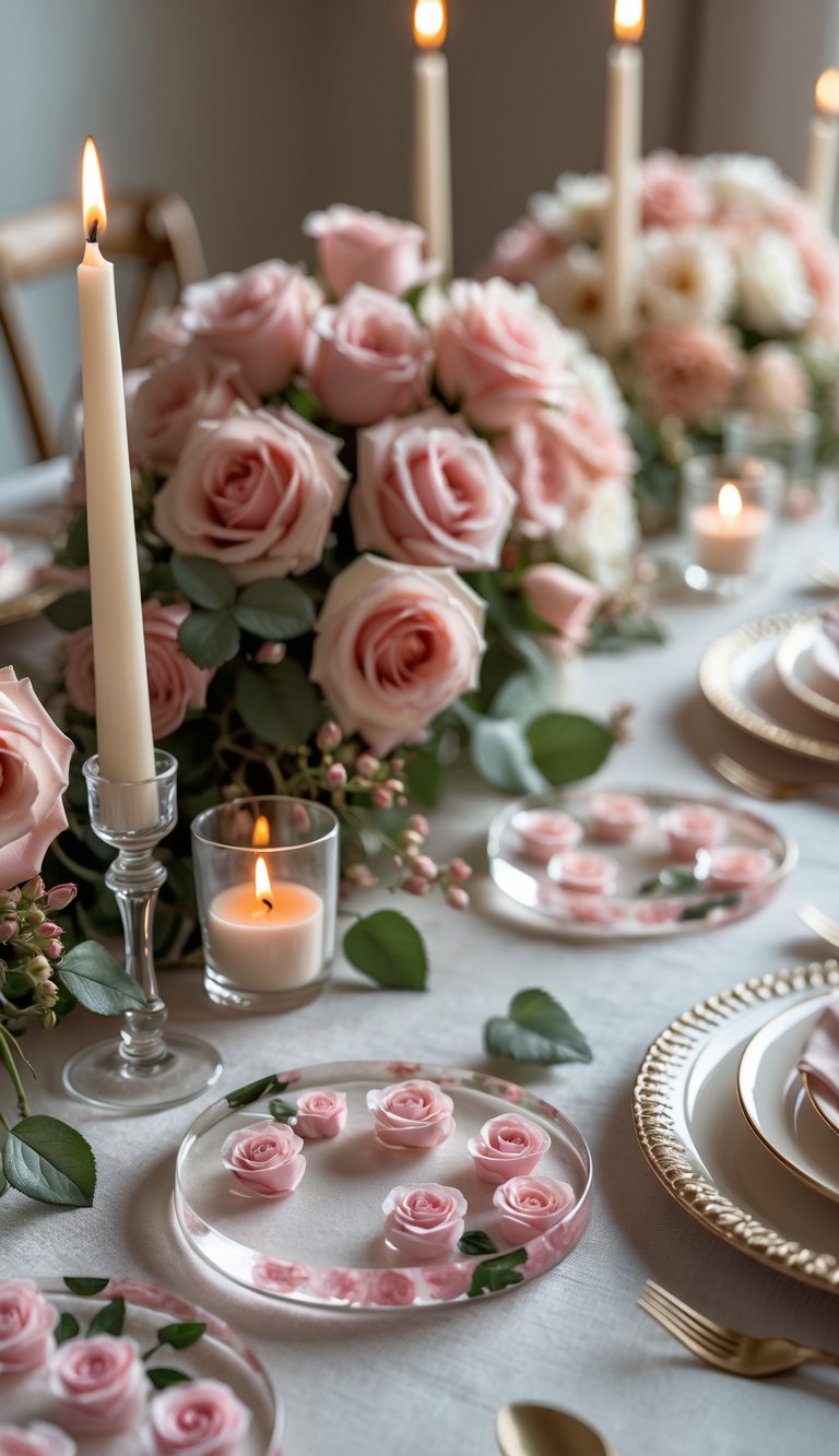 A full view of a dining table set with clear resin coasters containing miniature roses, surrounded by rose bouquets, candles, and greenery.