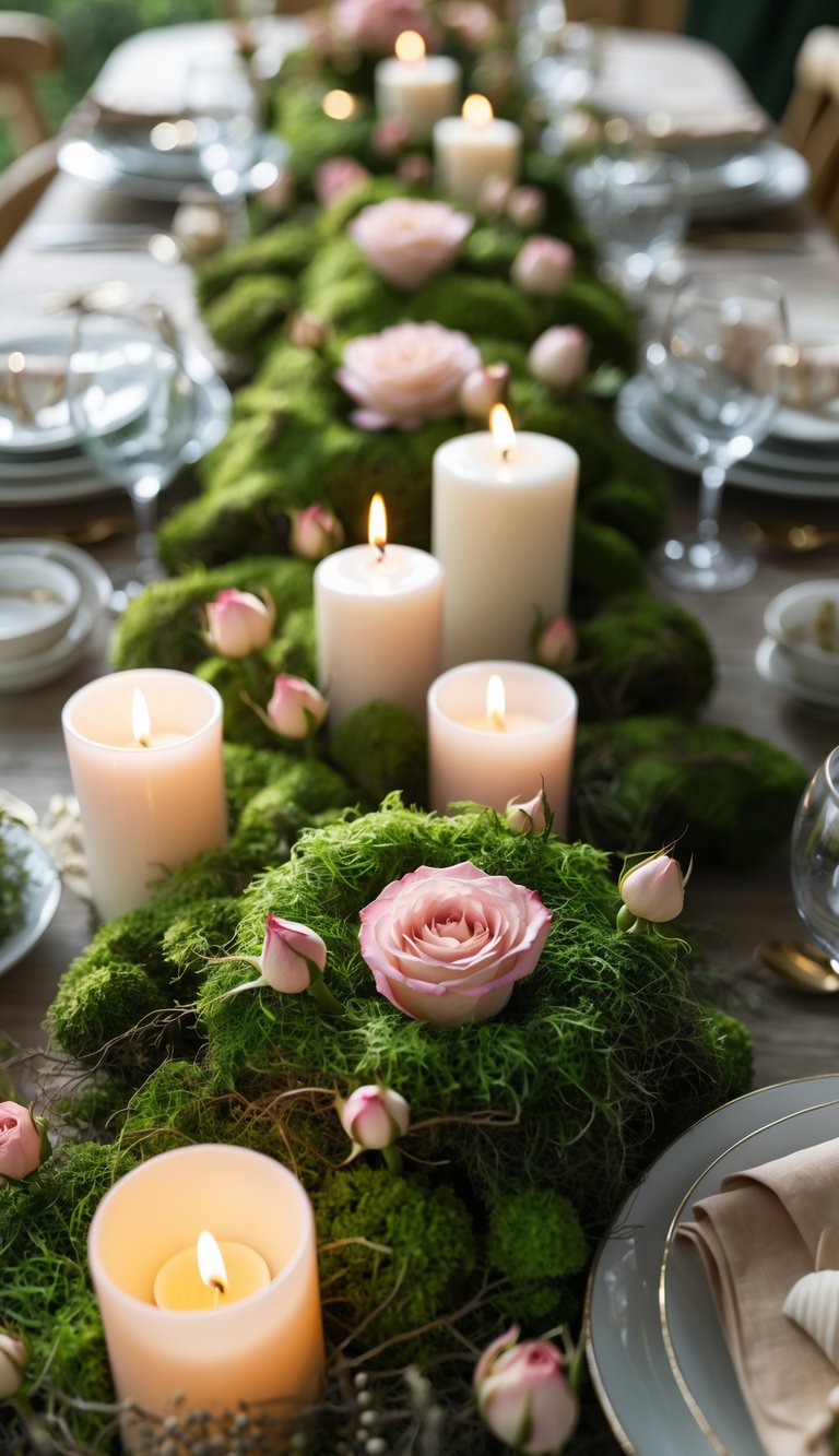 A full view of a decorated table with rose bud and moss centerpieces, surrounded by candles and floral arrangements.