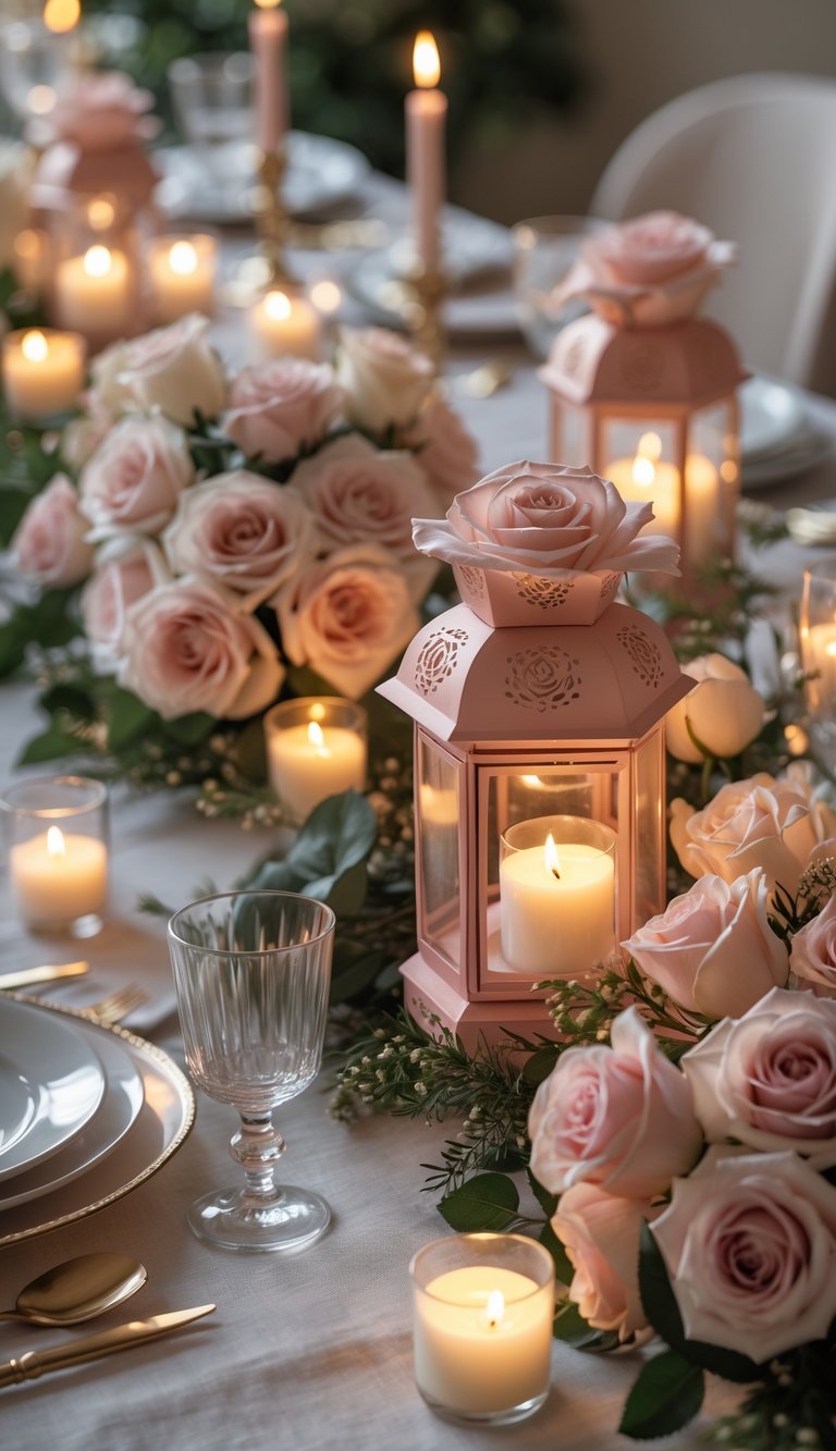 A full table set with small rose lanterns containing battery tea lights, surrounded by fresh roses and candles, arranged for a festive event.