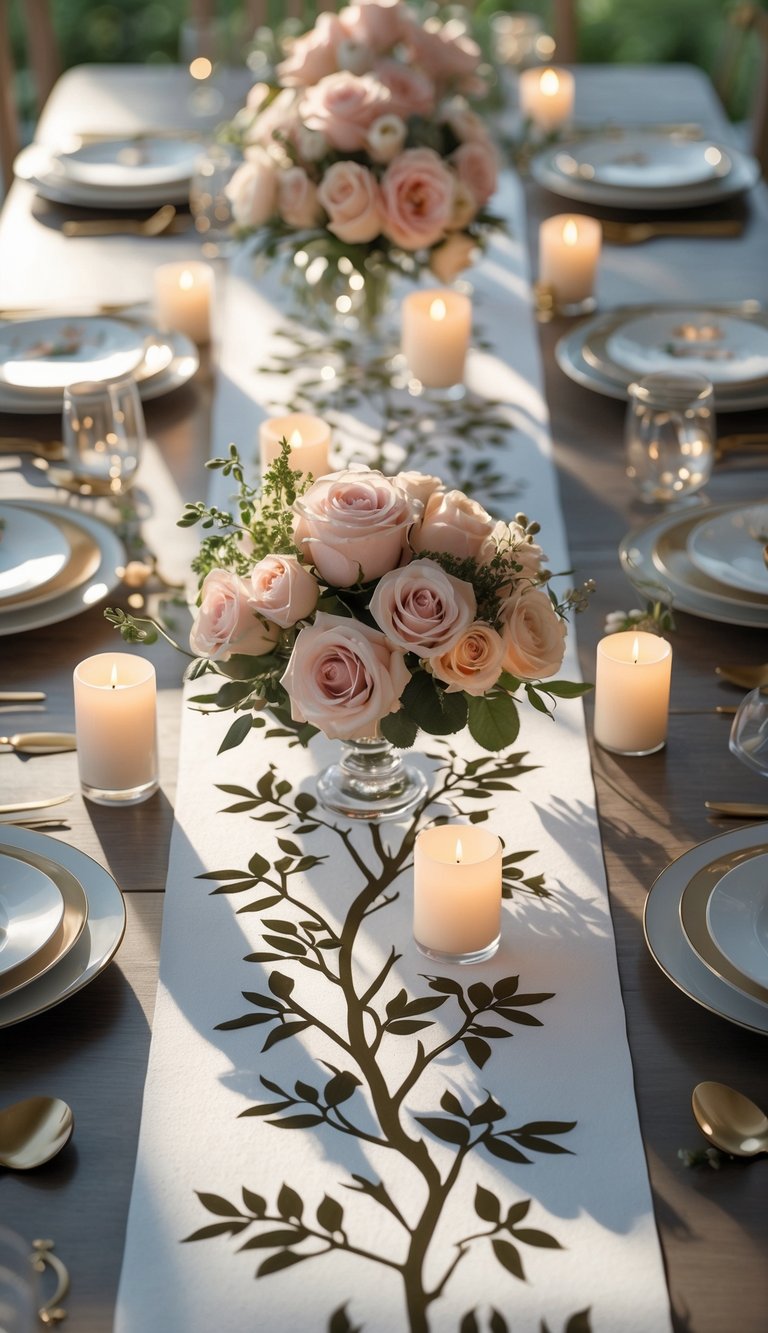 A full view of a table set with rose branch silhouette runners, floral centerpieces, and candles arranged for an event or holiday.