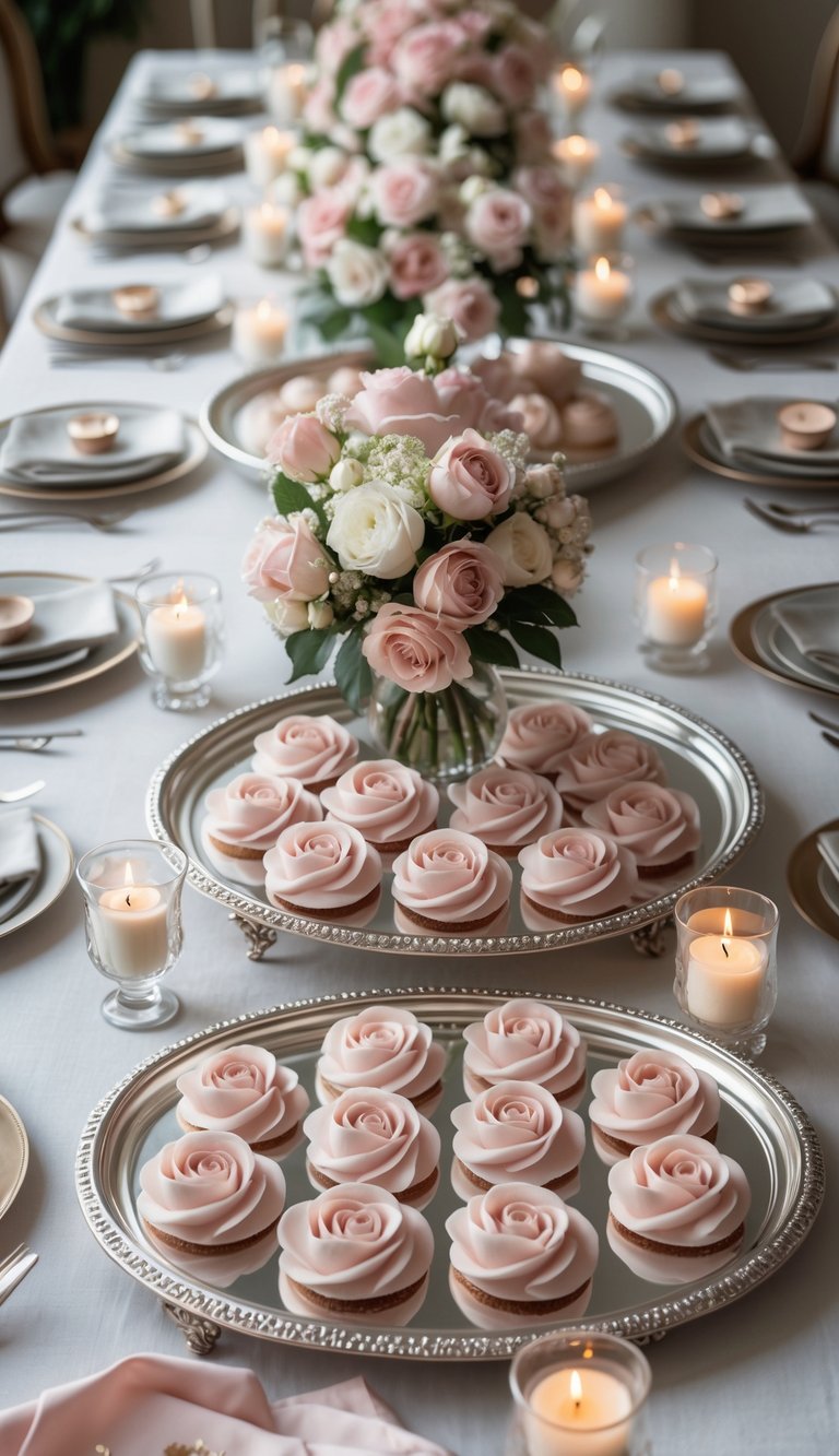 A full table set with silver trays holding rose-shaped chocolates, surrounded by floral centerpieces and lit candles.