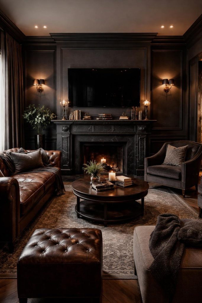 A dark-toned living room features a leather sofa, armchairs, a round coffee table with candles, a fireplace, built-in shelving, and a large TV above the mantel.