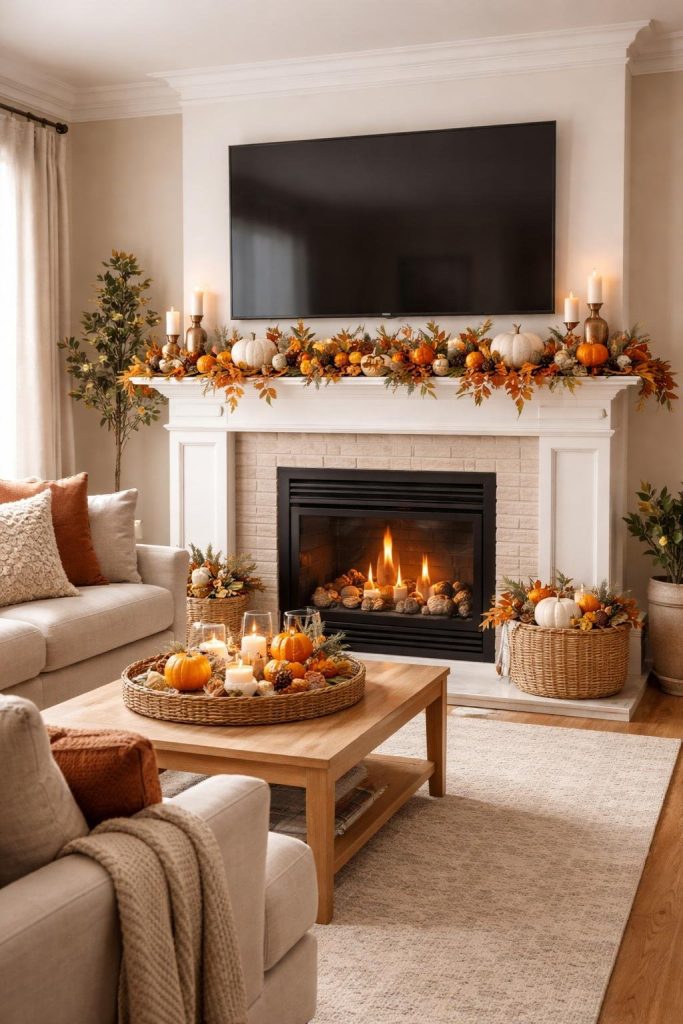 Living room with autumn-themed decor, a lit fireplace, candles, pumpkins, and floral arrangements on the mantel and coffee table, with neutral-toned furniture and a television above the fireplace.