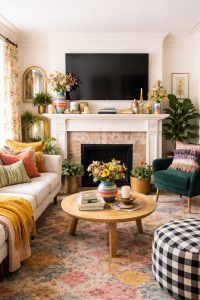 Bright living room with a white sofa, green armchair, round wooden coffee table, colorful decor, plants, and a TV above a fireplace. Patterned rug and throw pillows complete the space.