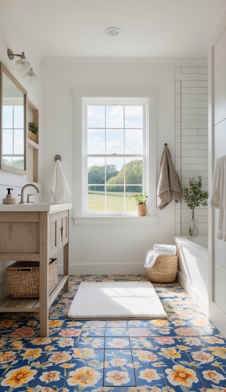 A bright farmhouse bathroom with floral patterned ceramic tile flooring, a wooden vanity, folded towels, and natural light coming through a window.