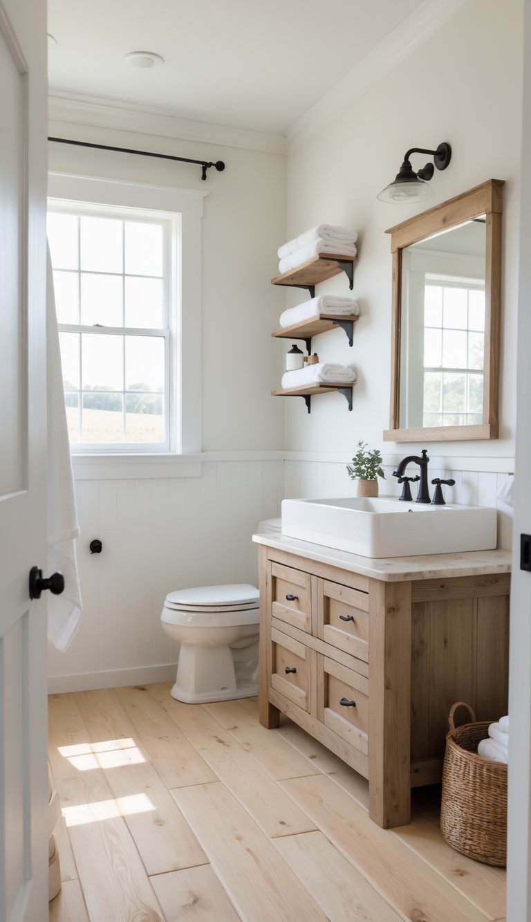 A bright farmhouse bathroom with wide plank pine flooring, a wooden vanity, white sink, and natural light coming through a window.