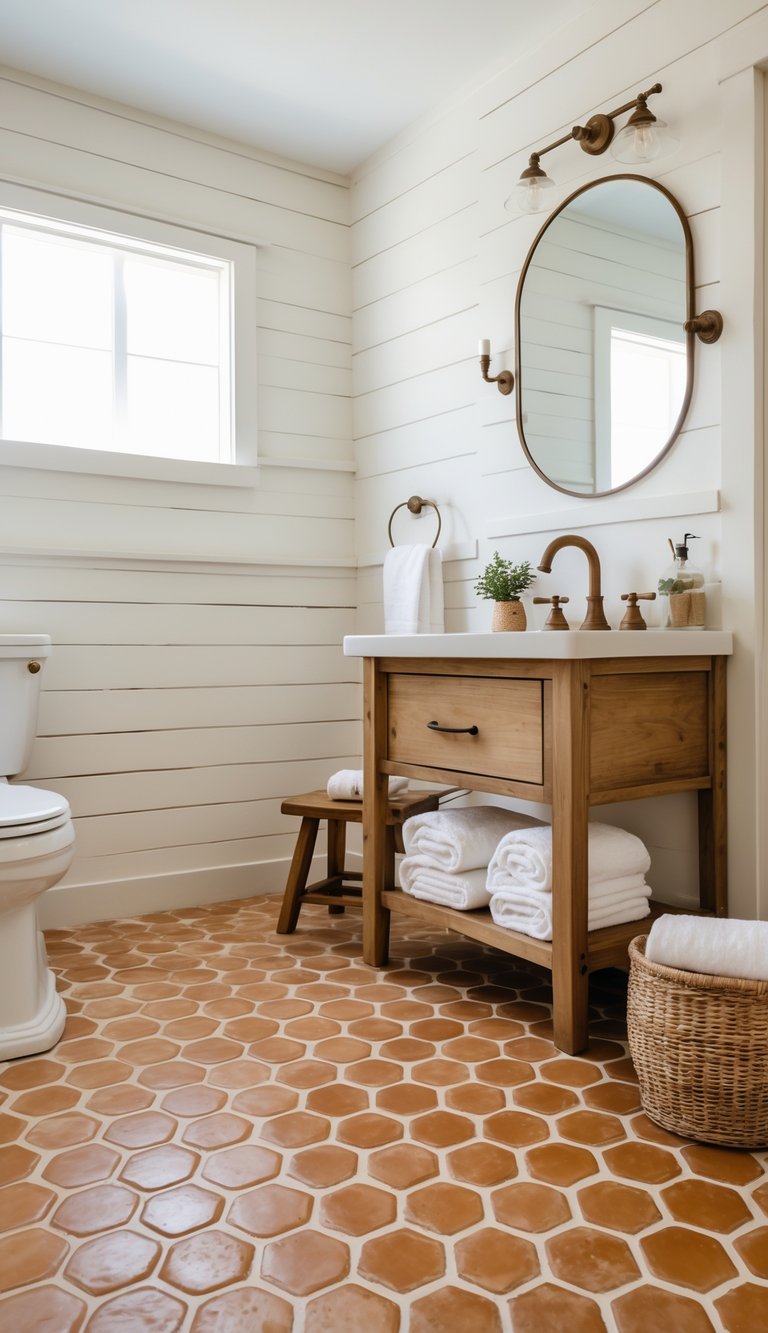 A bright farmhouse bathroom with hexagon terra cotta floor tiles, a wooden vanity with a sink, and natural decor elements.