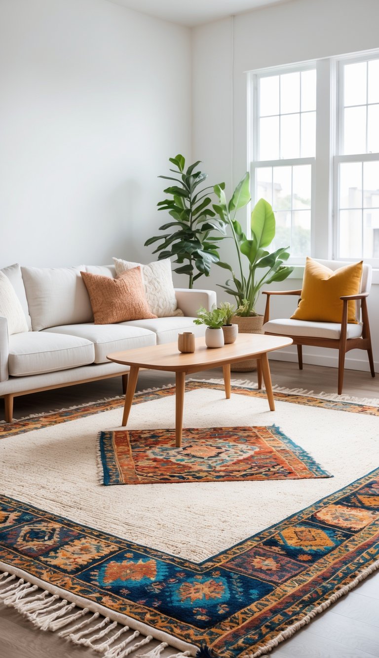 A bright, clean room with layered rugs on the floor, a sofa, coffee table, and plants, arranged to create a cozy and inviting living space.