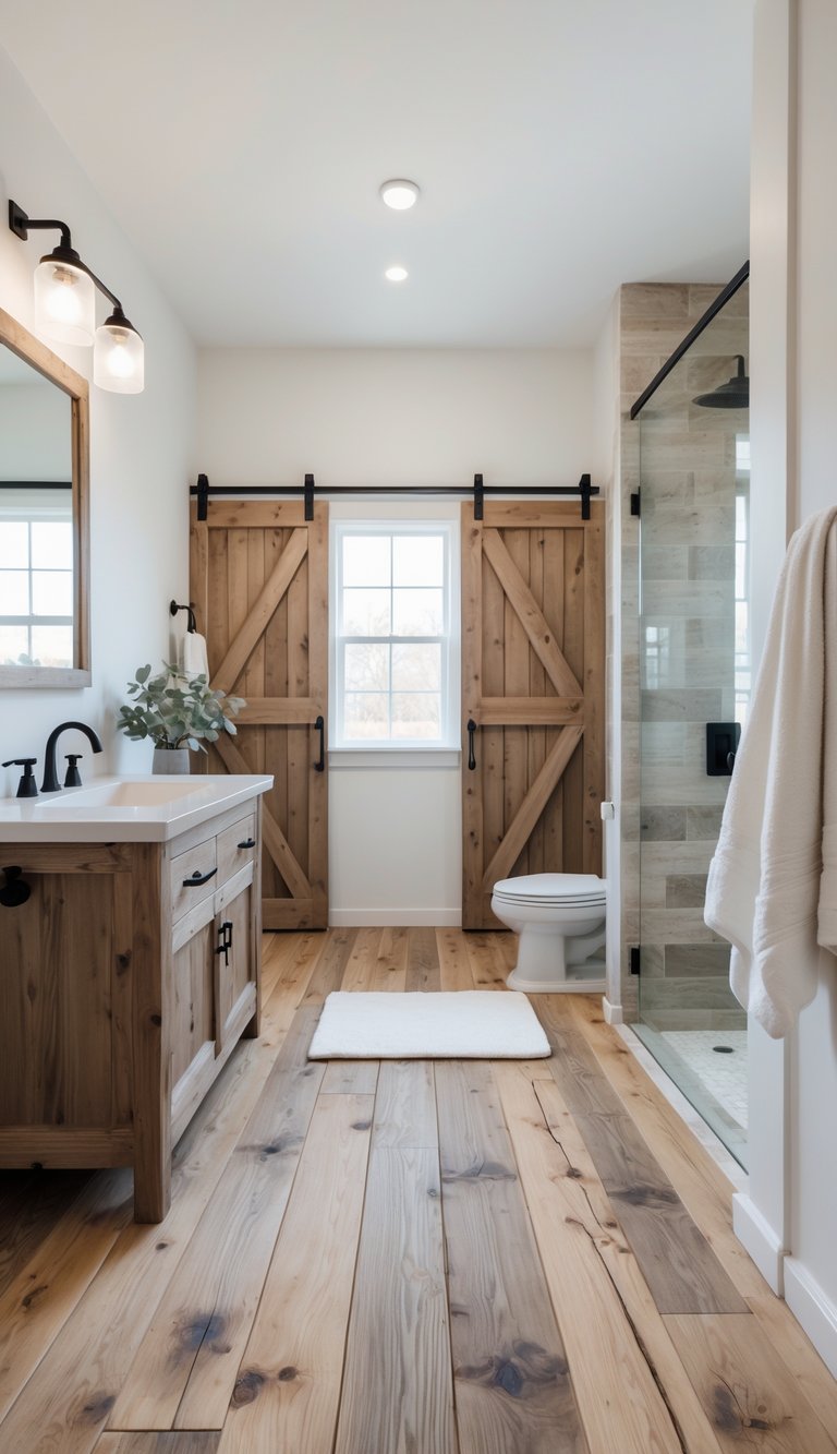 Bright farmhouse bathroom with wooden plank flooring, a wooden vanity, white sink, and black fixtures, featuring a clean and spacious layout.