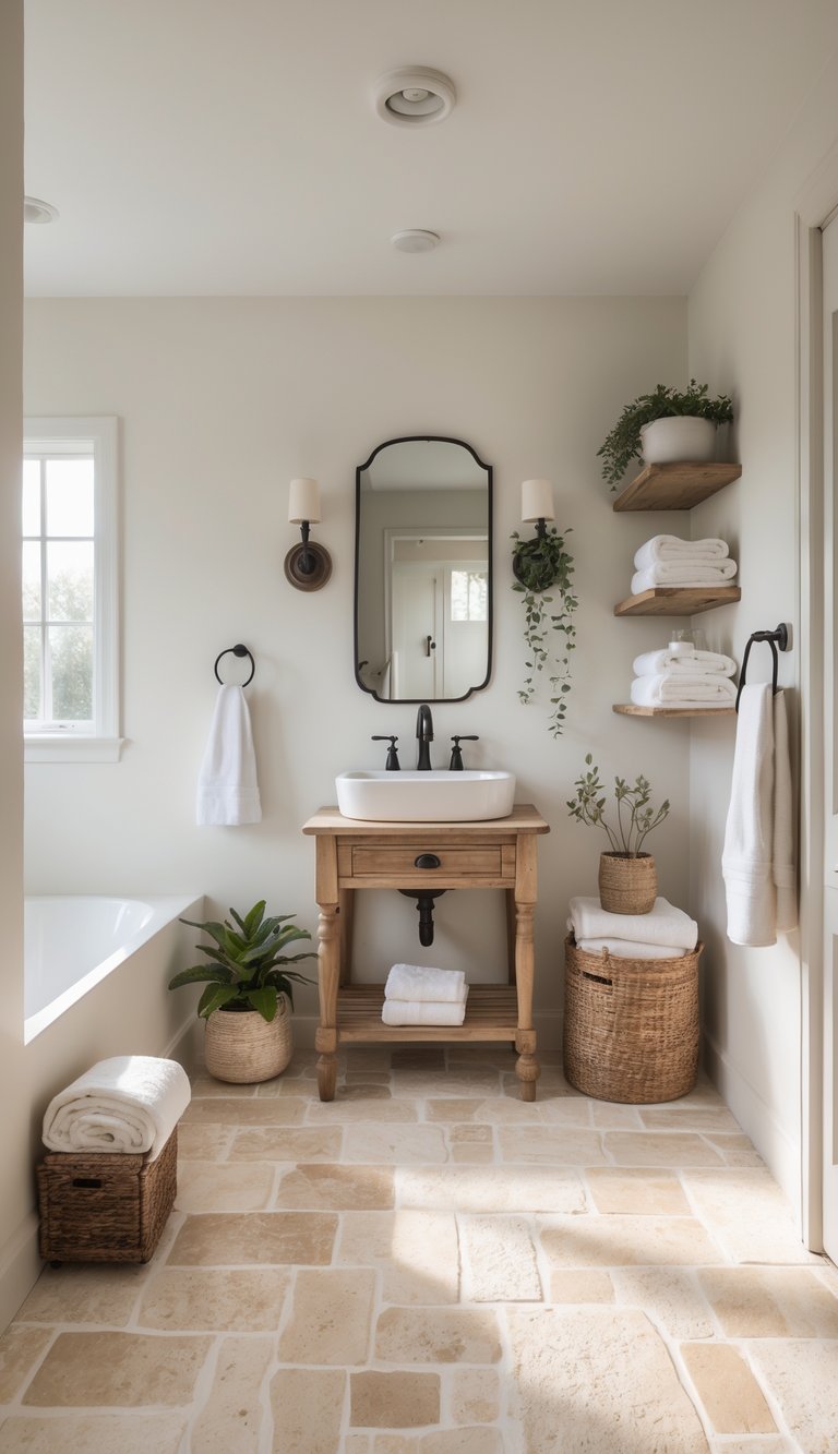 A bright farmhouse bathroom with light beige stone floors, a wooden vanity, a mirror, and neatly arranged shelves.