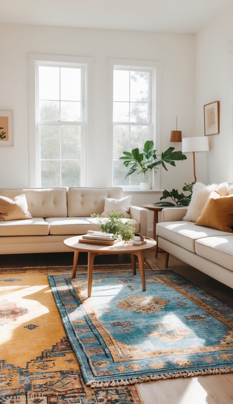 Bright living room with two layered vintage rugs on the floor, a sofa, coffee table, and natural light filling the space.