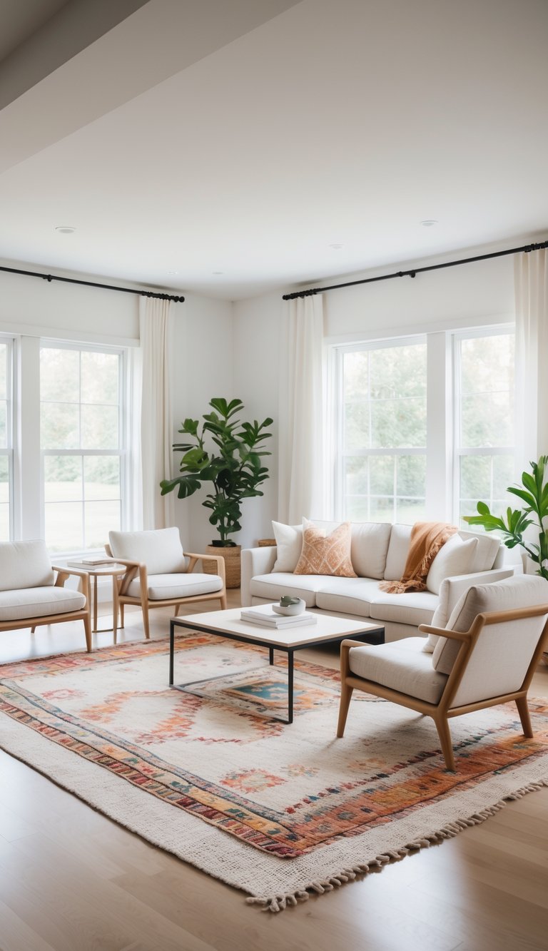 A bright living room with a small colorful rug layered over a large neutral rug, surrounded by a sofa, chairs, and a coffee table.
